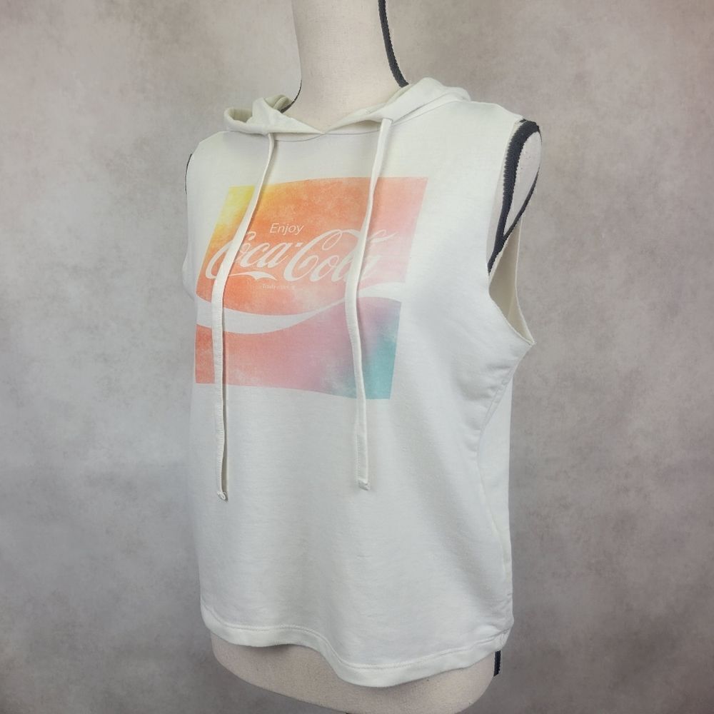 Coca Cola White Sleeveless Hooded Tee With Logo Size Medium